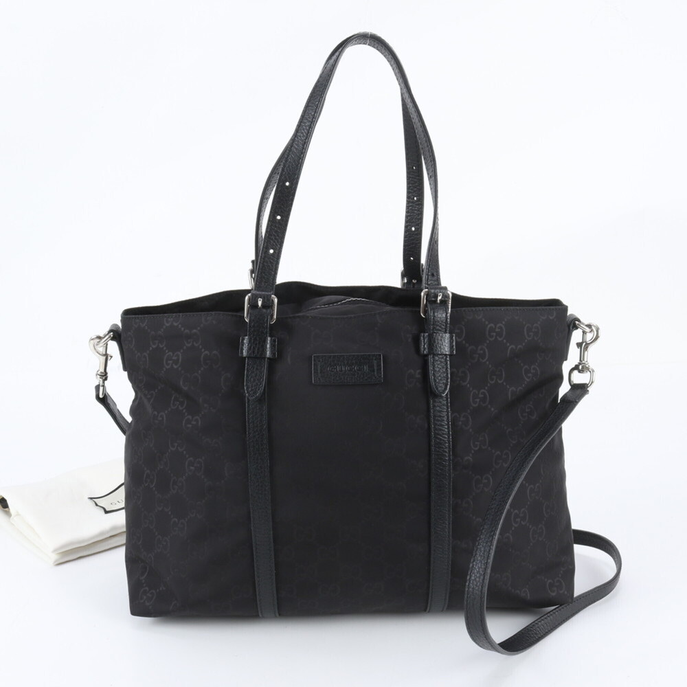 Gucci GG Nylon 387067 Leather 2-Way Shoulder Bag/Tote Bag, Black, Women's